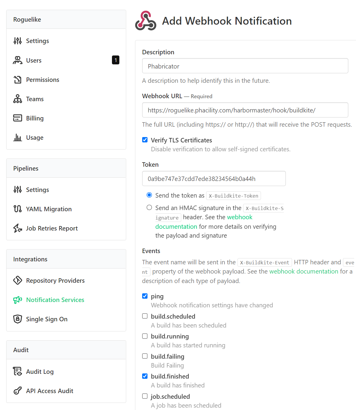 Buildkite Notification Webhook settings